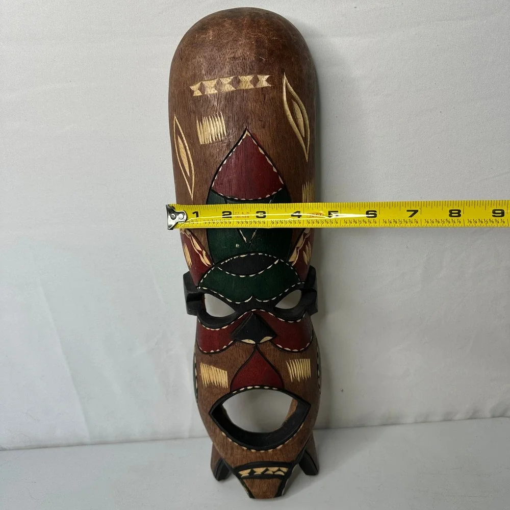 Hand Carved Wooden African Tribal Mask Wall Decor Hand Painted Folk Art 16 Inch